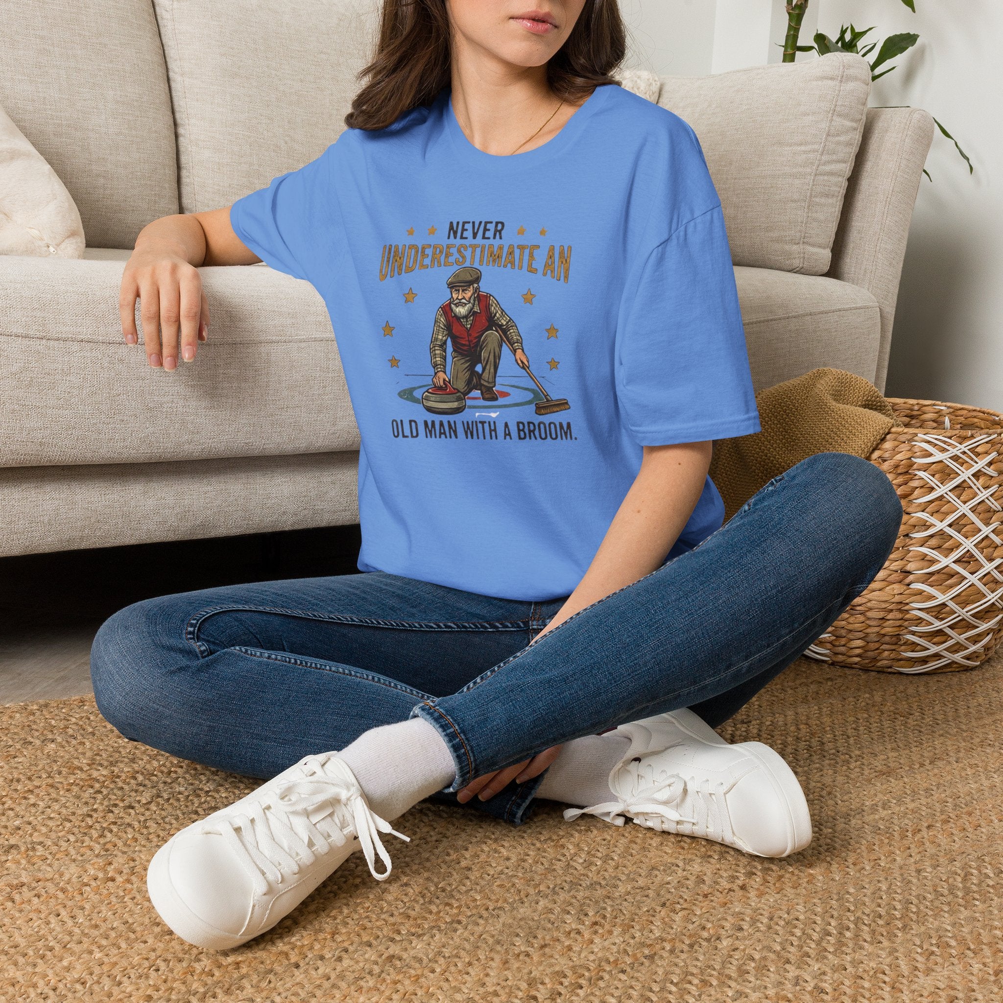 T‑Shirt — "Never Underestimate an Old Man with a Broom" Vintage Curling Design