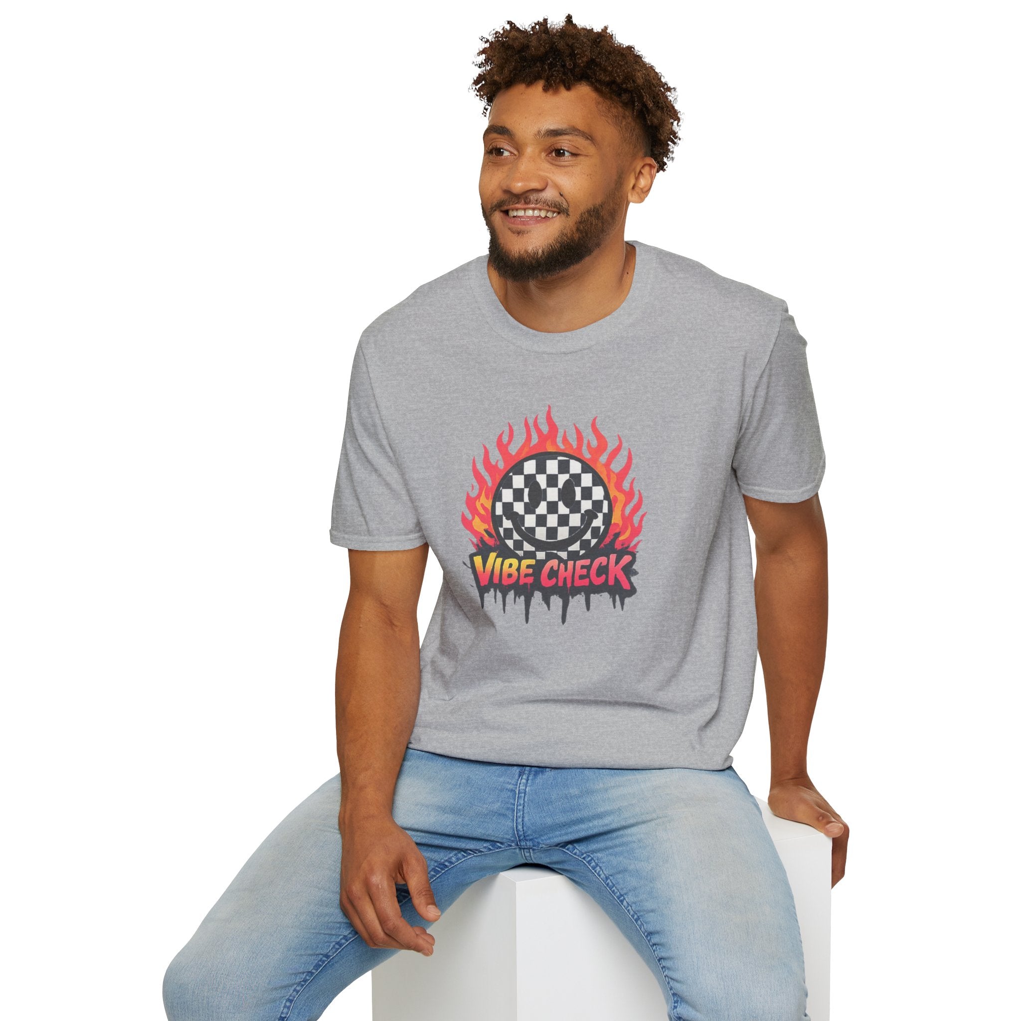 Vibe Check Graphic T-Shirt — Checkerboard Flame Design