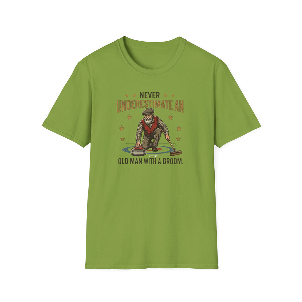 T‑Shirt — "Never Underestimate an Old Man with a Broom" Vintage Curling Design