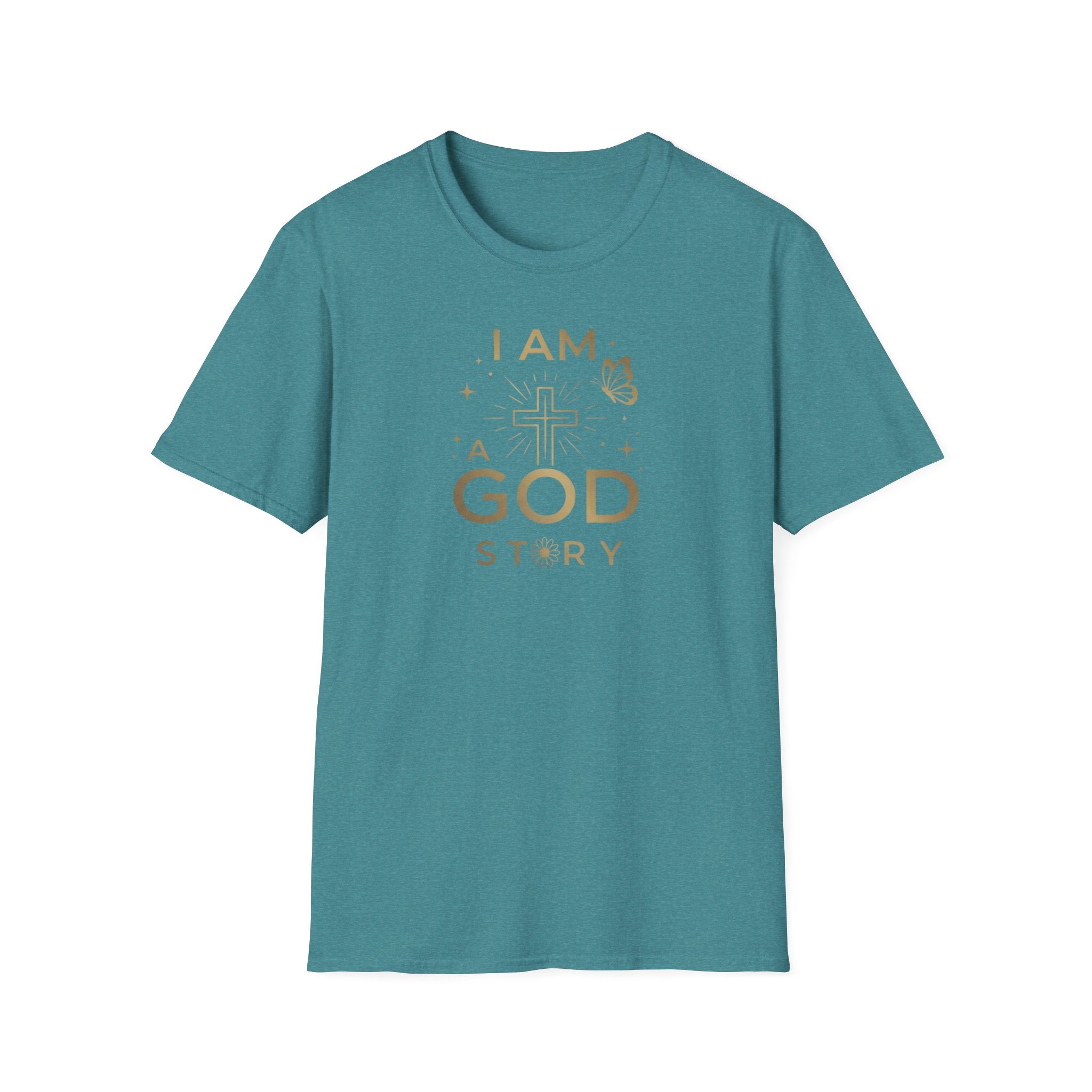 I Am a Godstory T-Shirt — Christian Faith Cross Tee (Butterfly & Inspirational Scripture Design)