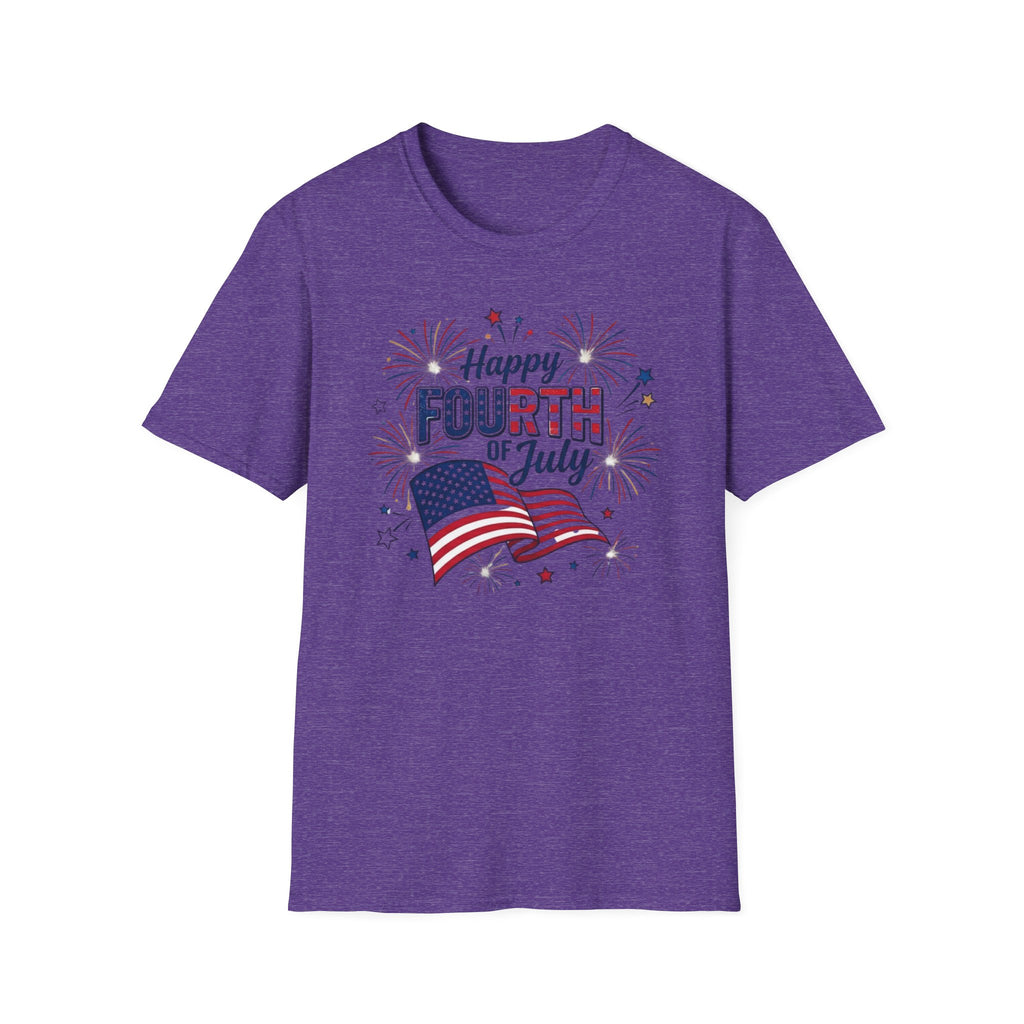 Fourth of July T-Shirt — "Happy Fourth of July" Patriotic Fireworks Flag Tee