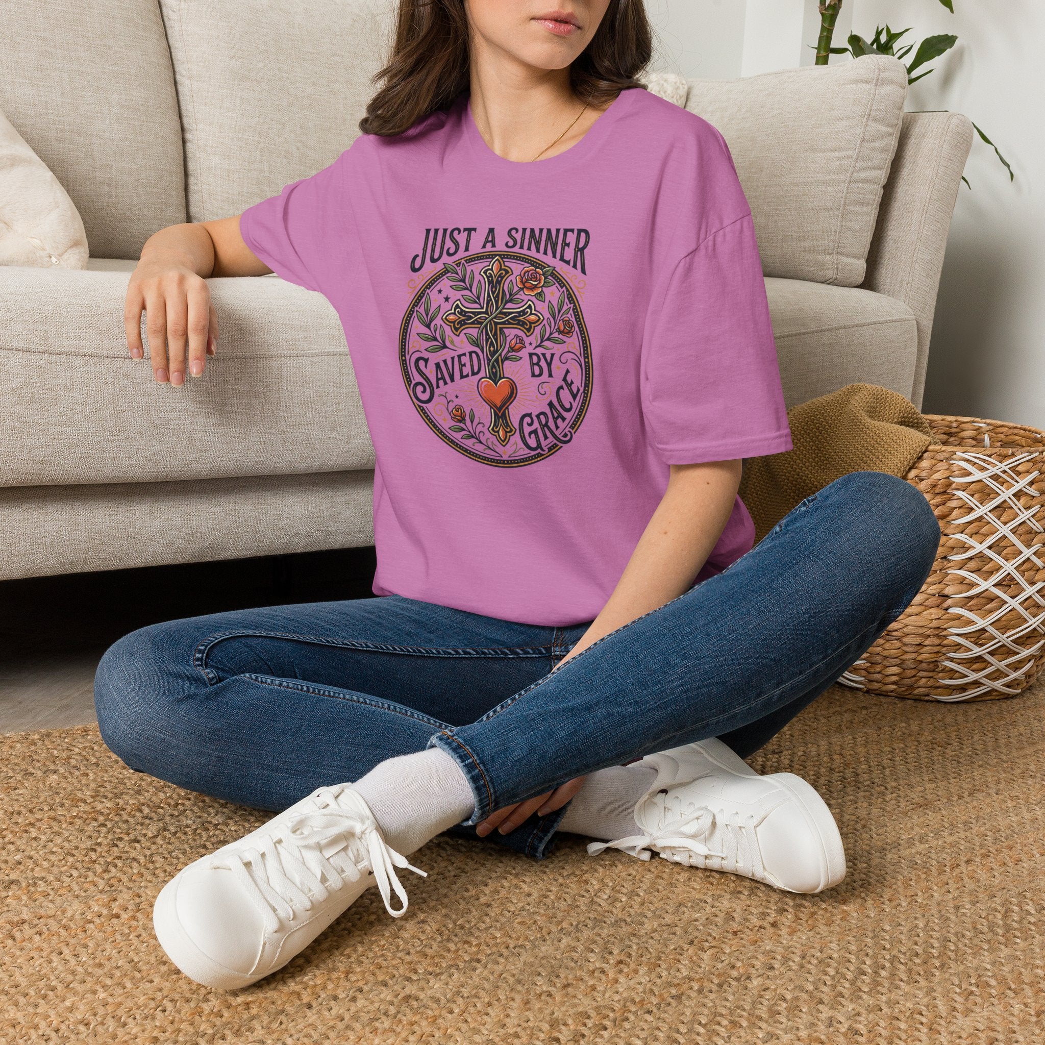 Christian Faith T-Shirt — "Just a Sinner, Saved by Grace" Cross Design