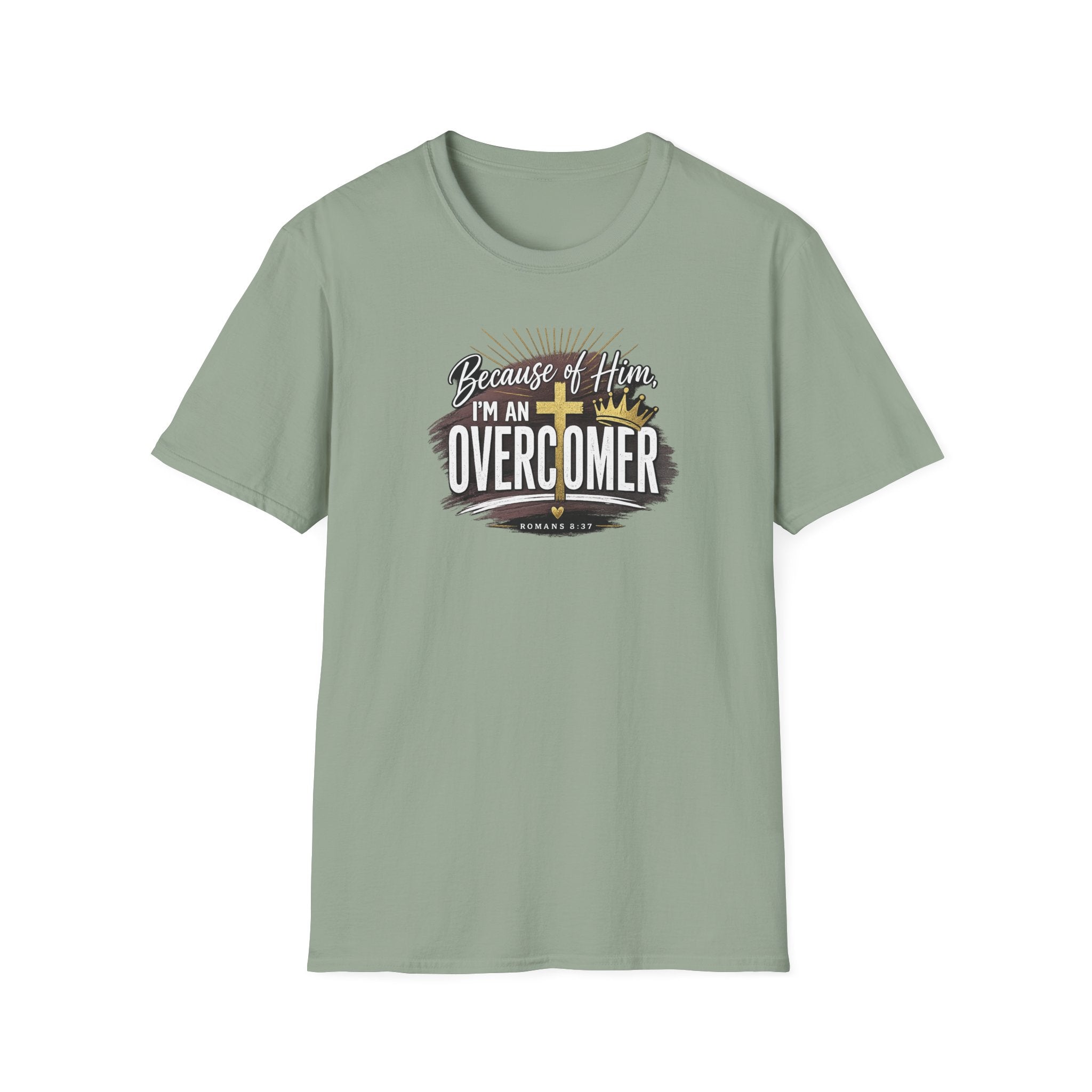 Because of Him I’m an Overcomer T-Shirt — Christian Inspirational Faith Tee