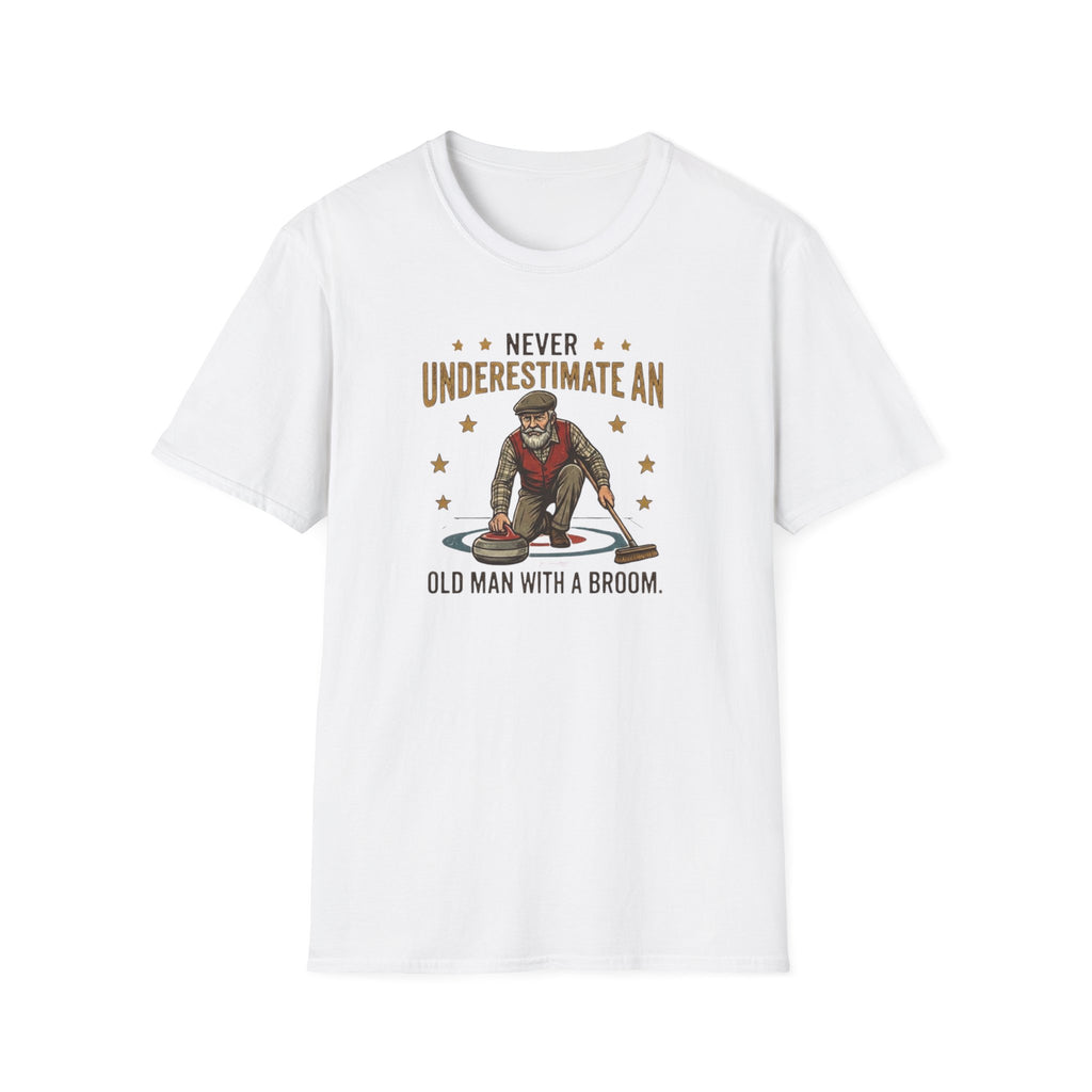 T‑Shirt — "Never Underestimate an Old Man with a Broom" Vintage Curling Design