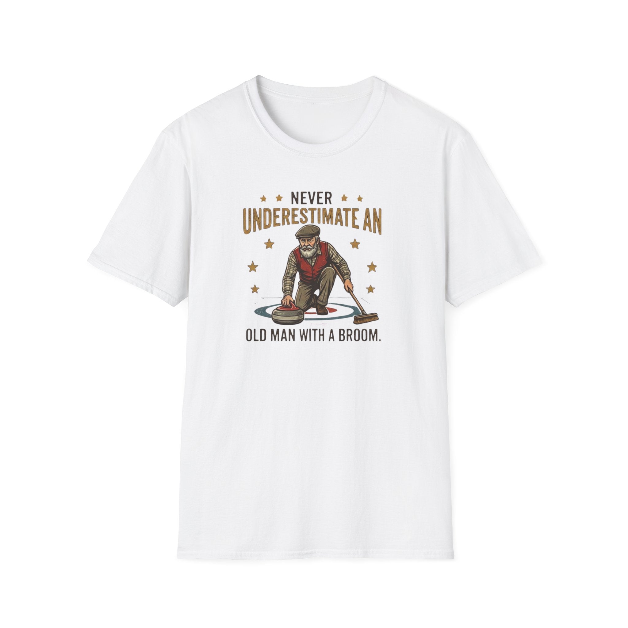 T‑Shirt — "Never Underestimate an Old Man with a Broom" Vintage Curling Design