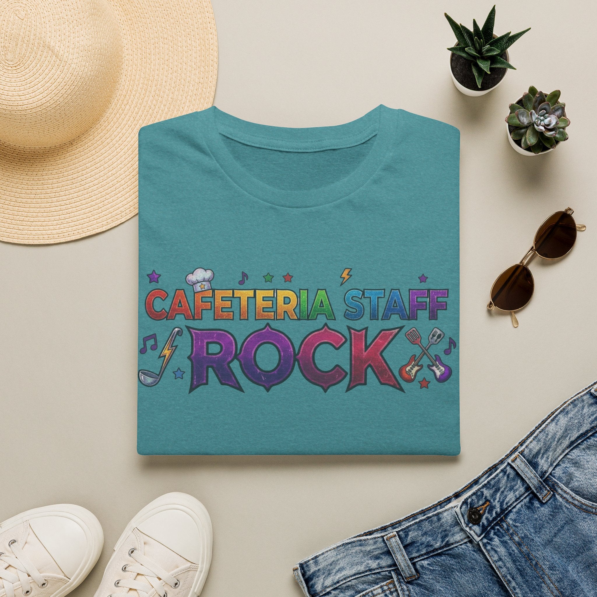 Cafeteria Staff Rock T-Shirt — Retro Rainbow School Lunch Crew Tee