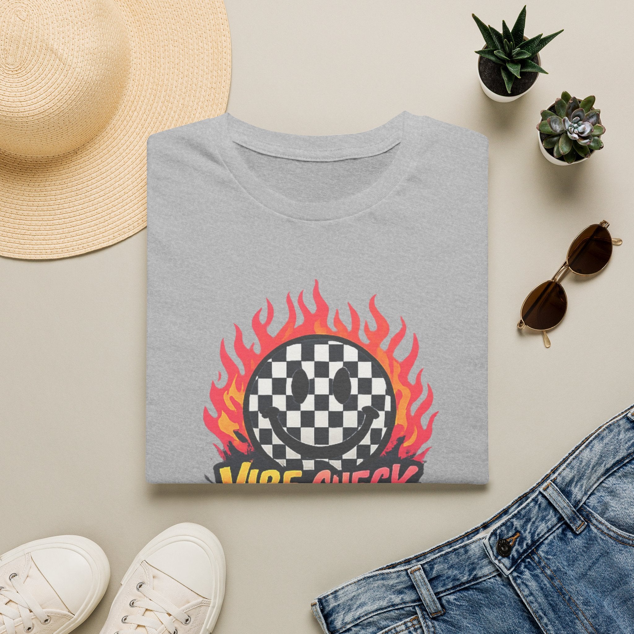 Vibe Check Graphic T-Shirt — Checkerboard Flame Design