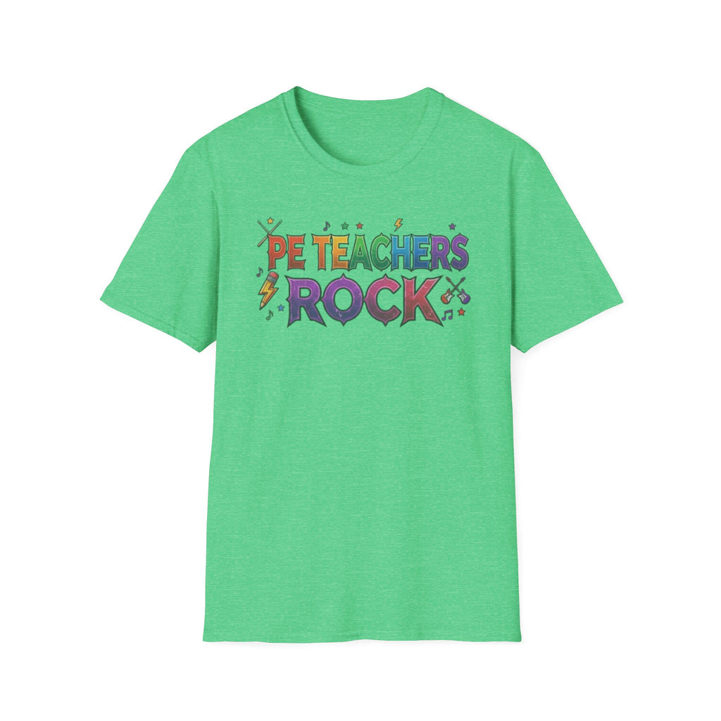 PE Teachers Rock T-Shirt — Colorful Retro Music Graphic Tee for Elementary & Special Ed Educators