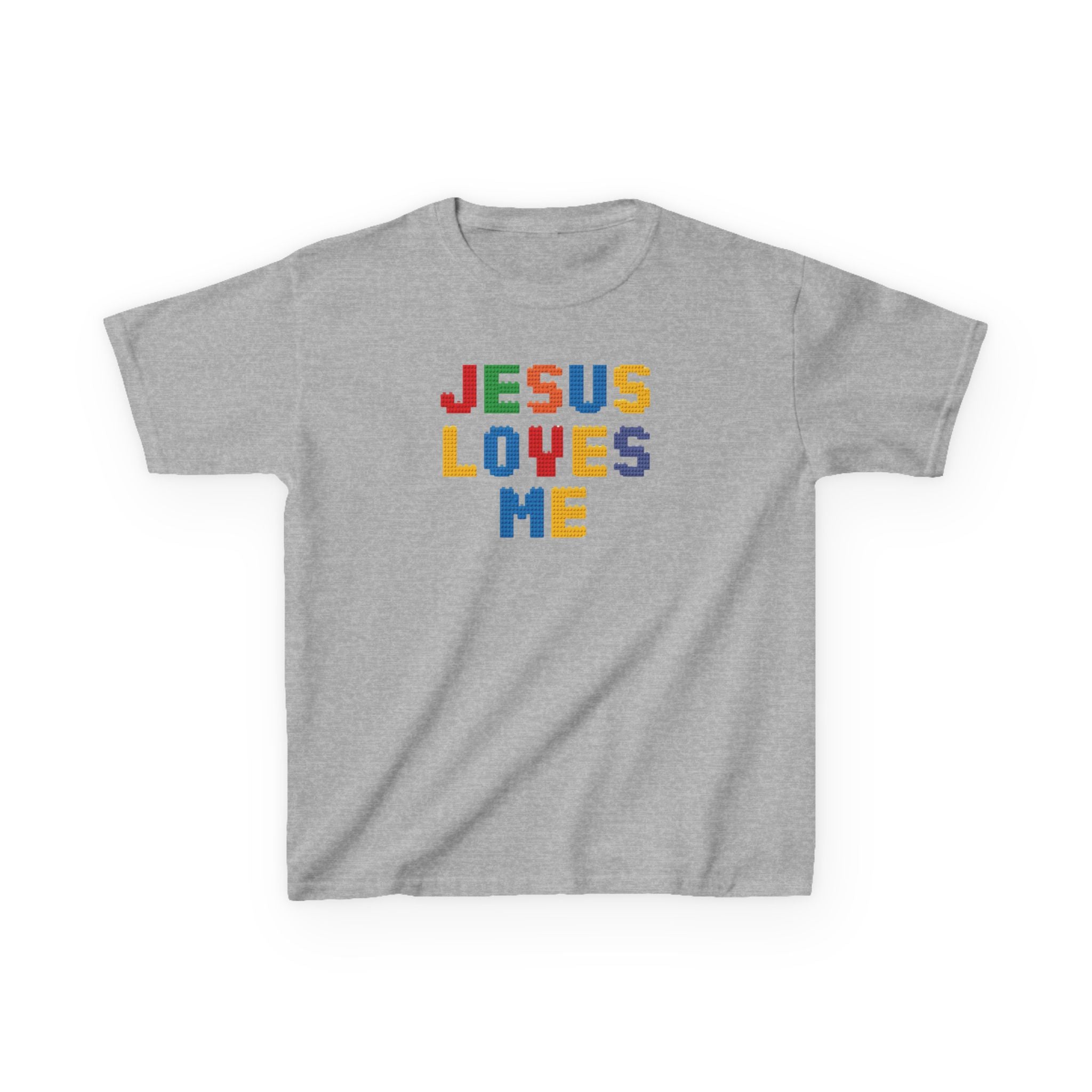 Kids T-Shirt — "Jesus Loves Me" Colorful Block Letter Tee