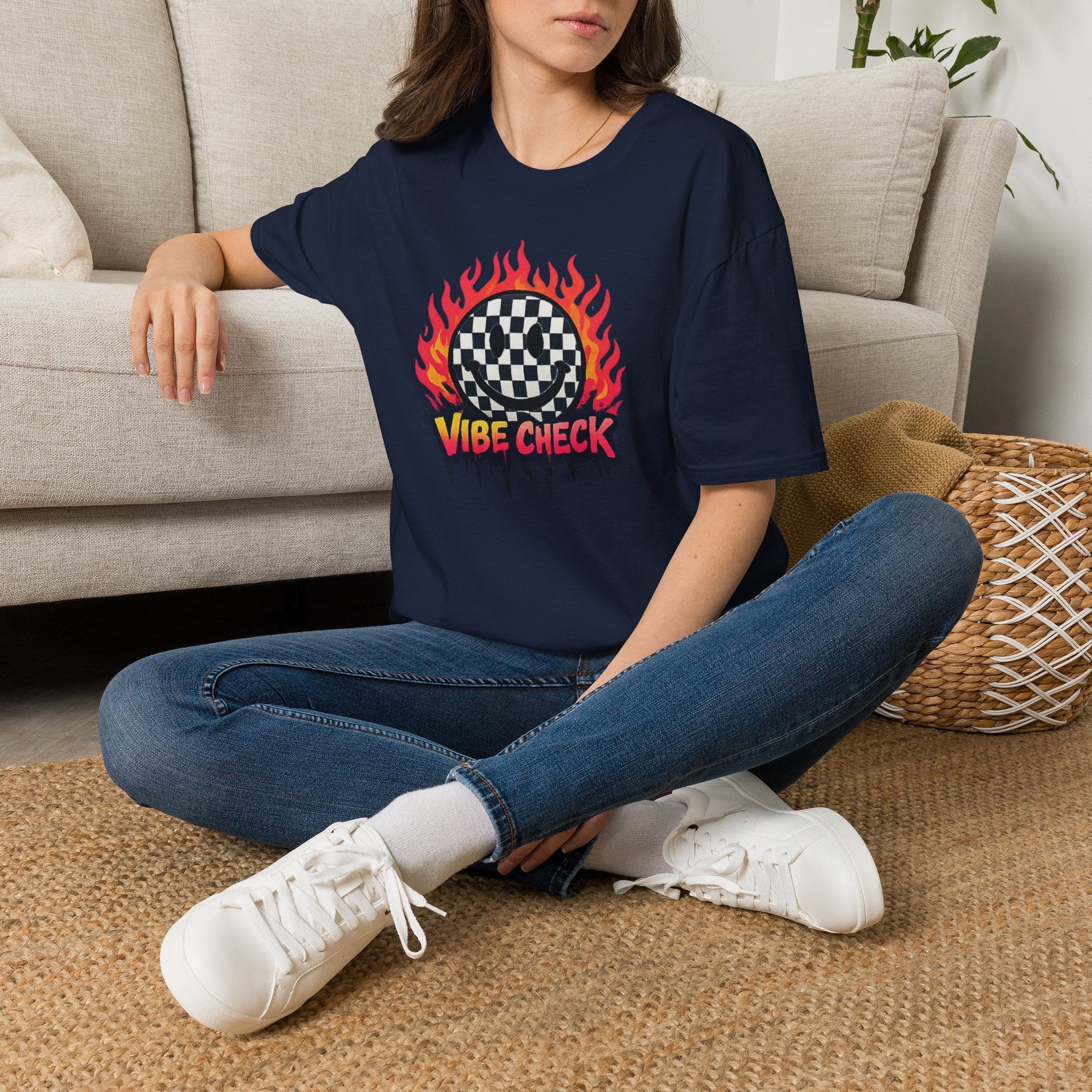 Vibe Check Graphic T-Shirt — Checkerboard Flame Design