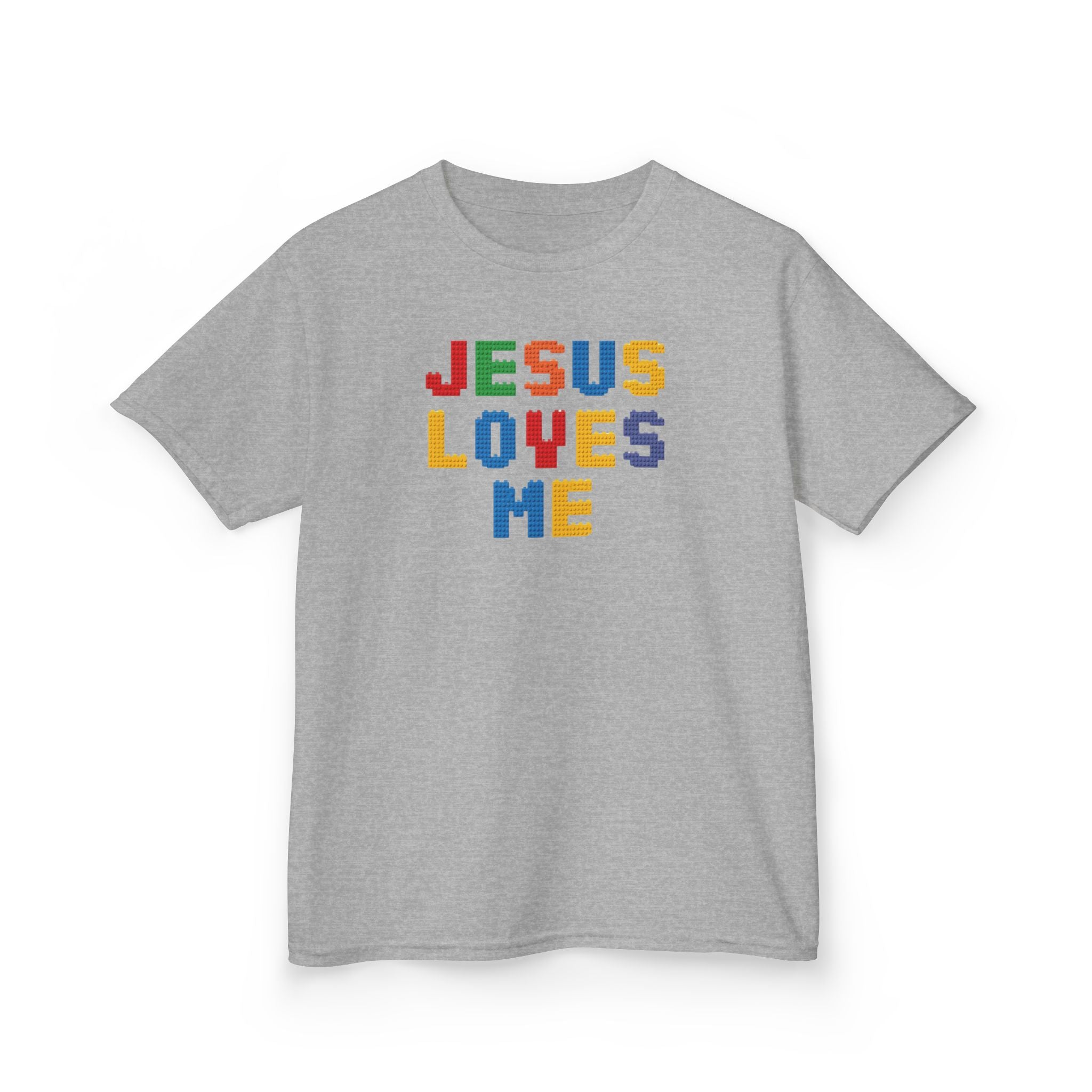 Kids T-Shirt — "Jesus Loves Me" Colorful Block Letter Tee