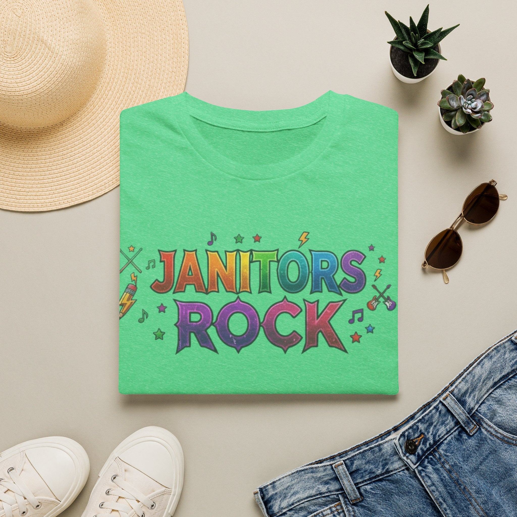 Janitors Rock T-Shirt — Colorful Retro Crew Neck for School Staff & Custodians