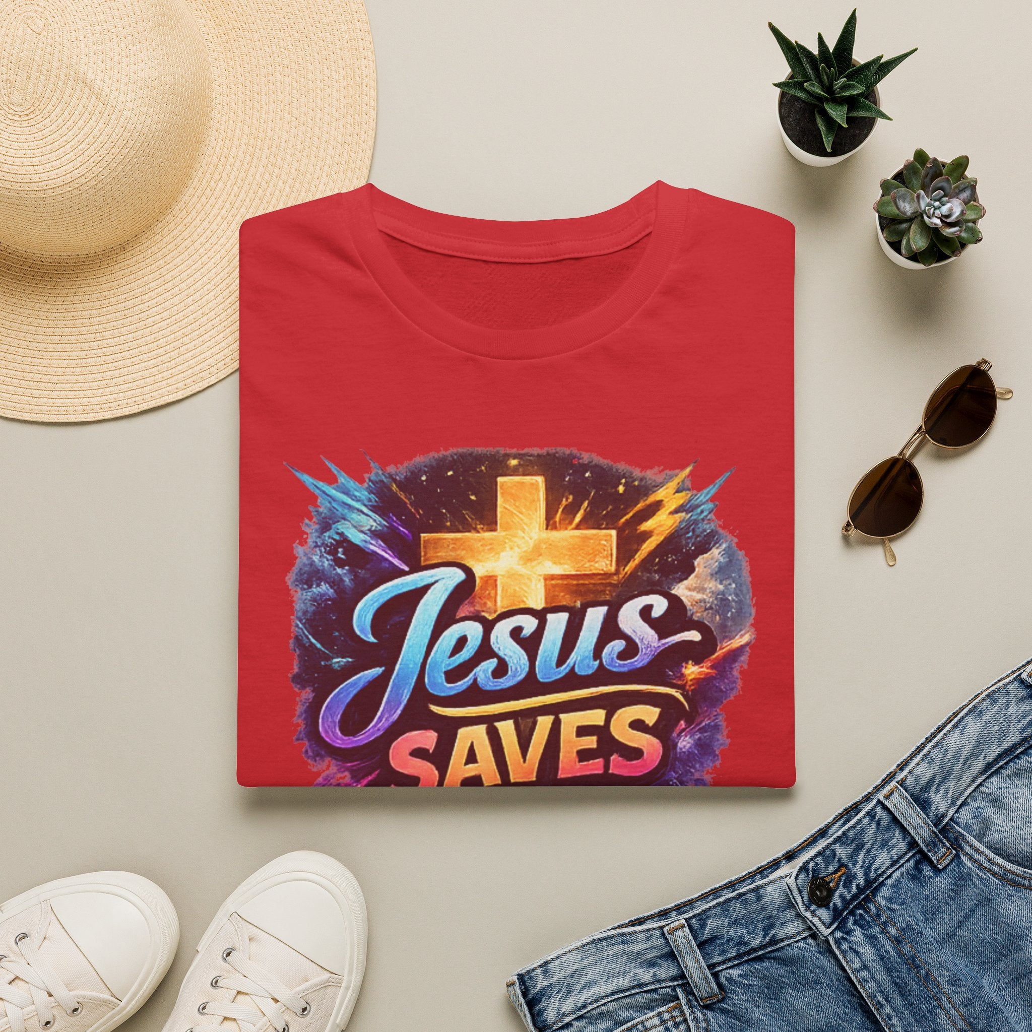 Jesus Saves T-Shirt — Colorful Cross Christian Faith Tee