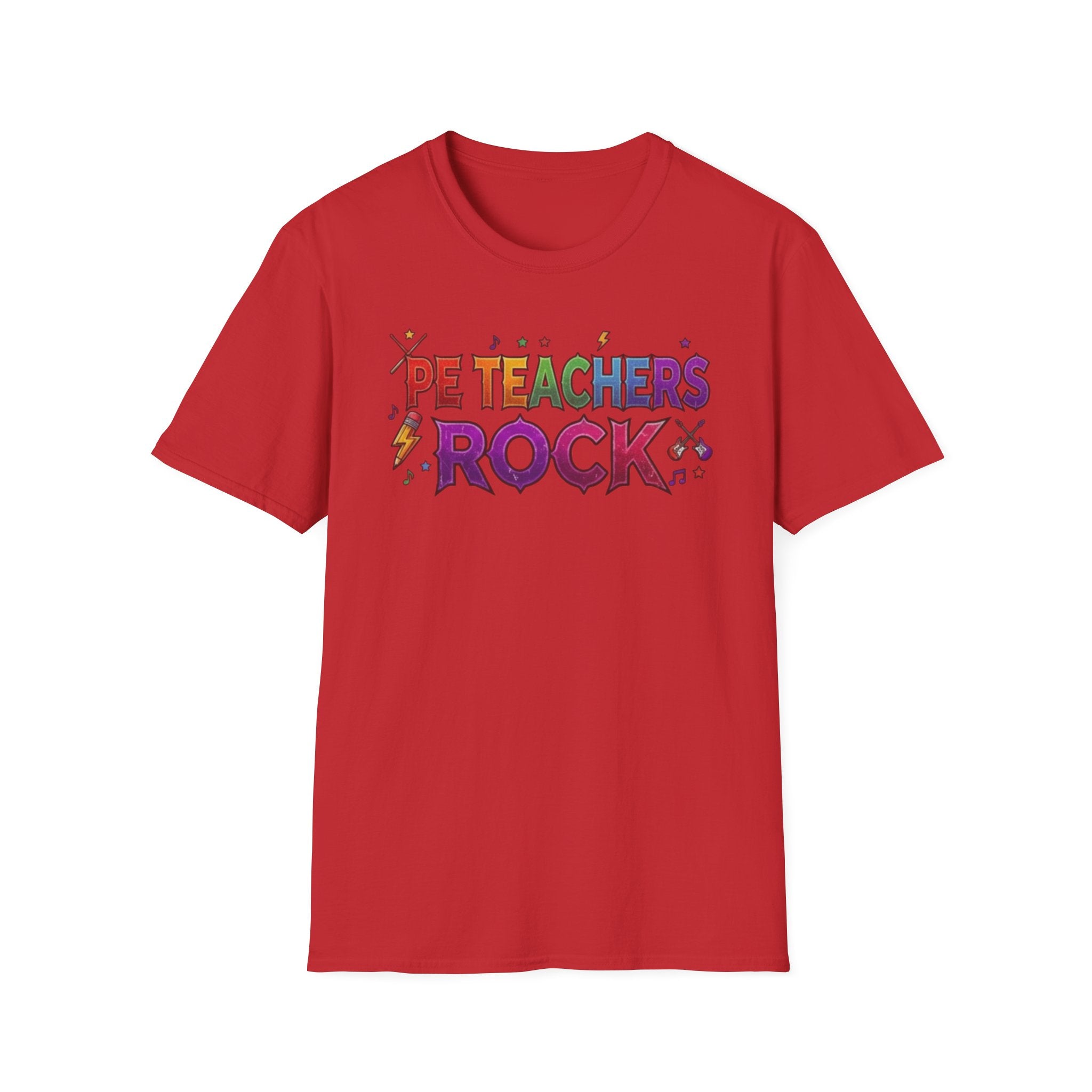 PE Teachers Rock T-Shirt — Colorful Retro Music Graphic Tee for Elementary & Special Ed Educators