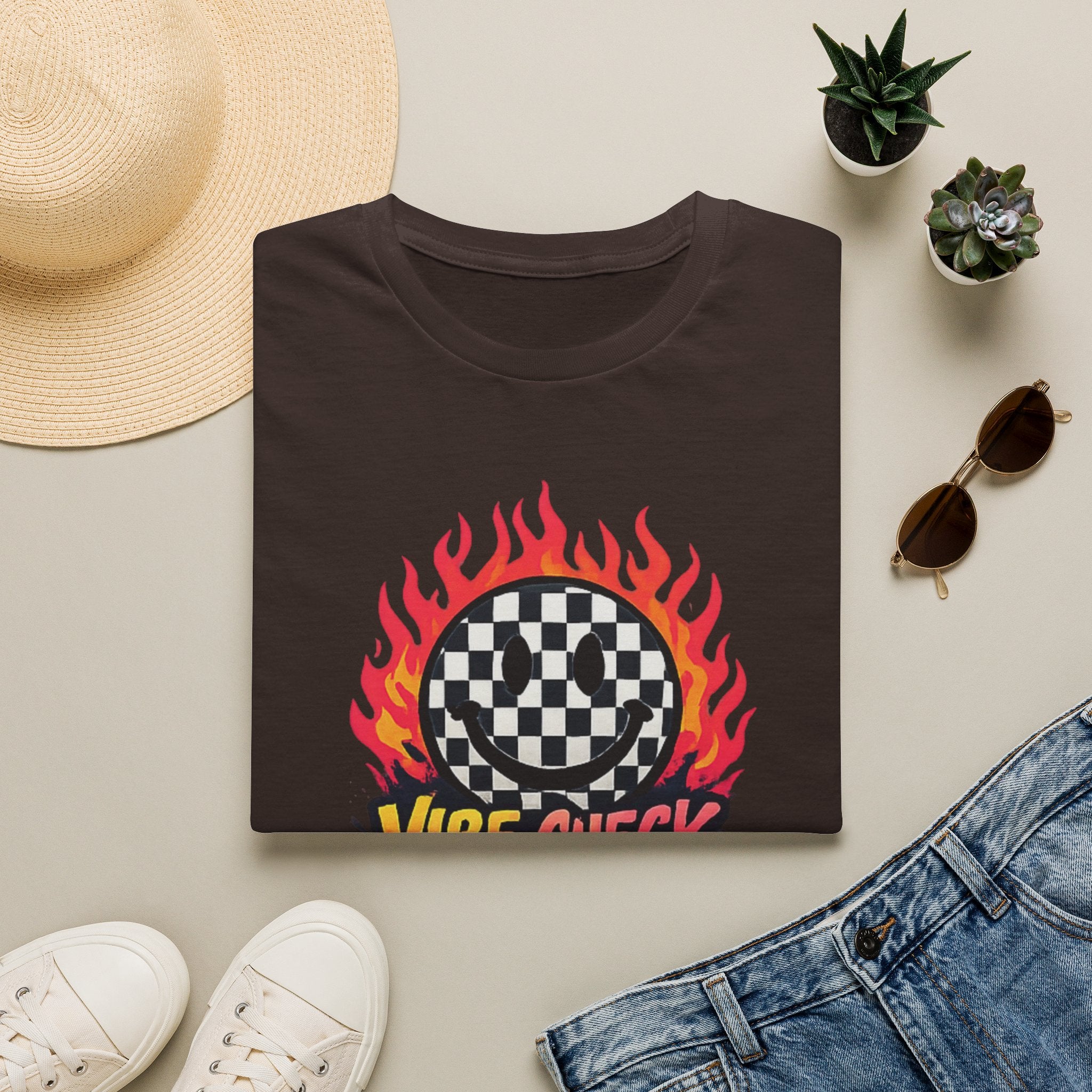 Vibe Check Graphic T-Shirt — Checkerboard Flame Design