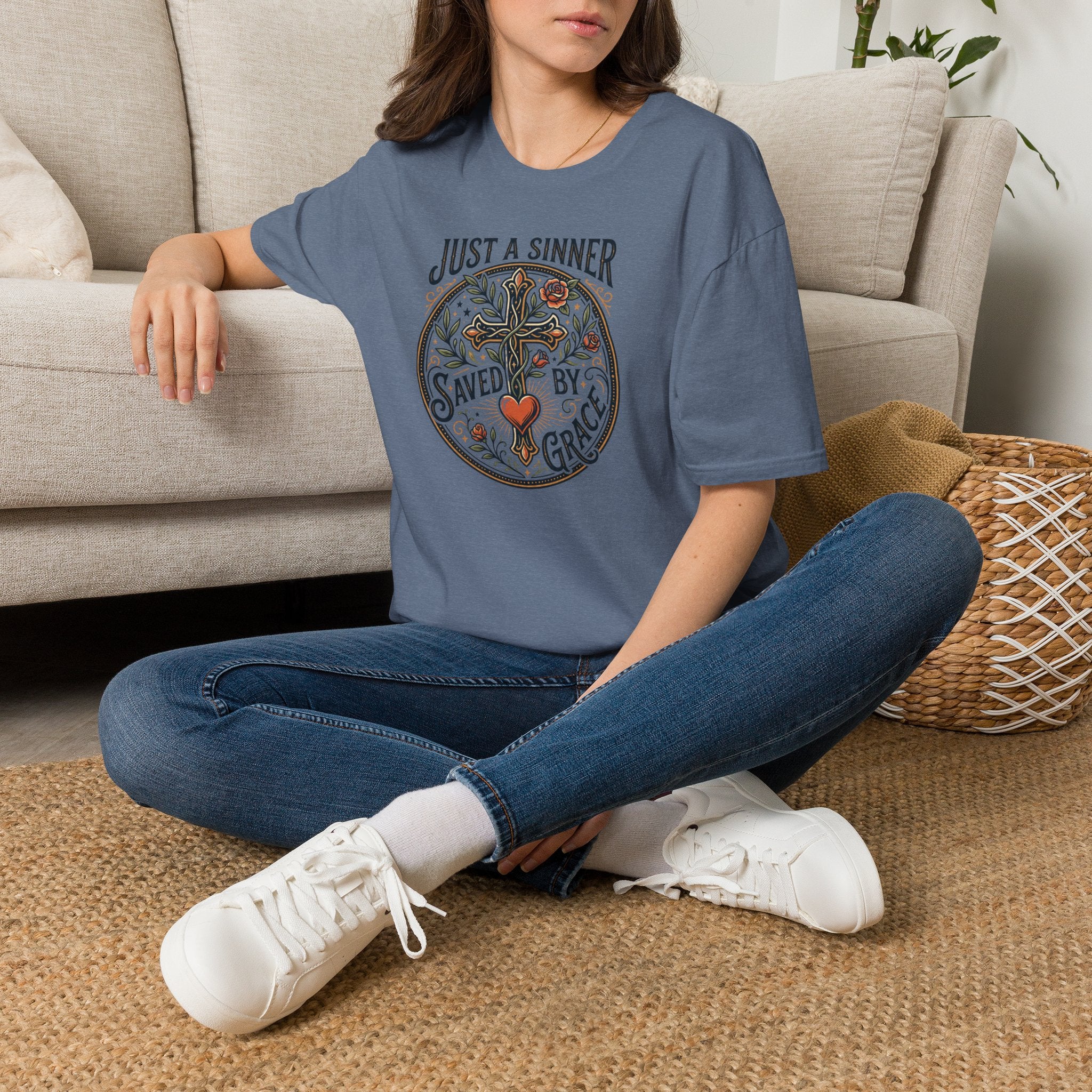 Christian Faith T-Shirt — "Just a Sinner, Saved by Grace" Cross Design