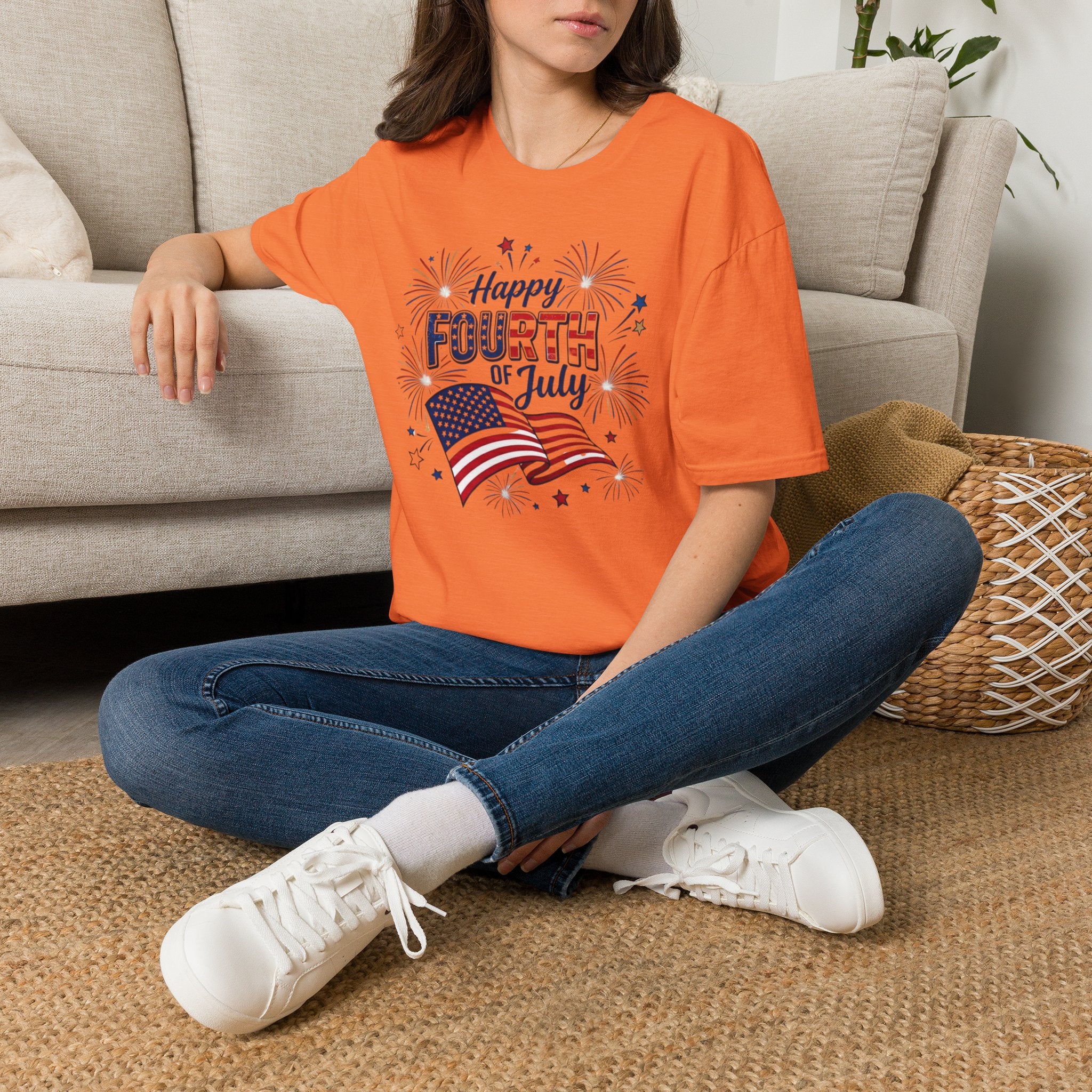 Fourth of July T-Shirt — "Happy Fourth of July" Patriotic Fireworks Flag Tee