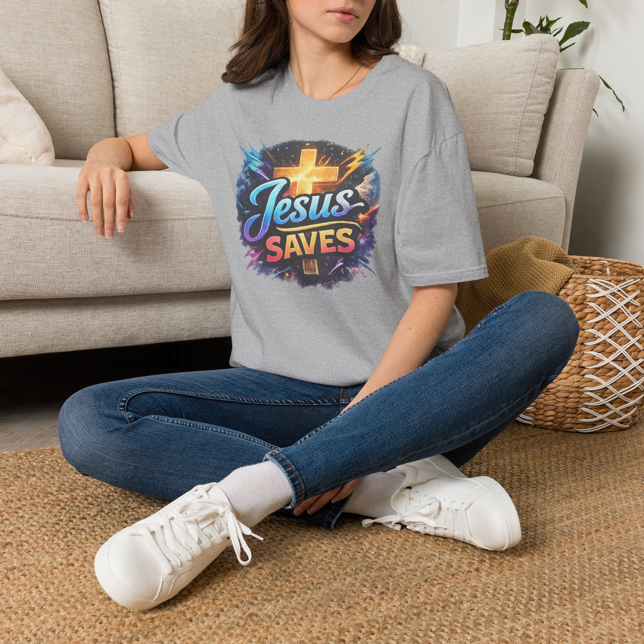 Jesus Saves T-Shirt — Colorful Cross Christian Faith Tee