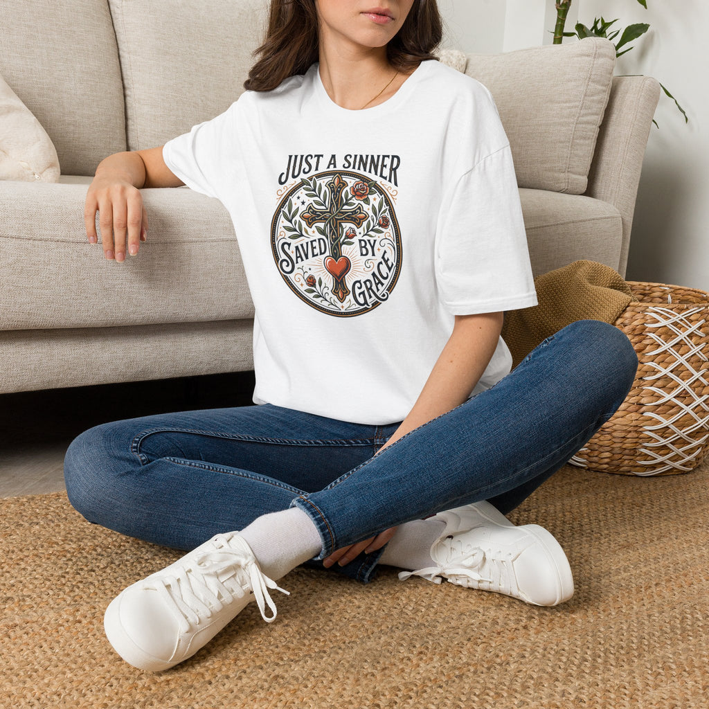 Christian Faith T-Shirt — "Just a Sinner, Saved by Grace" Cross Design