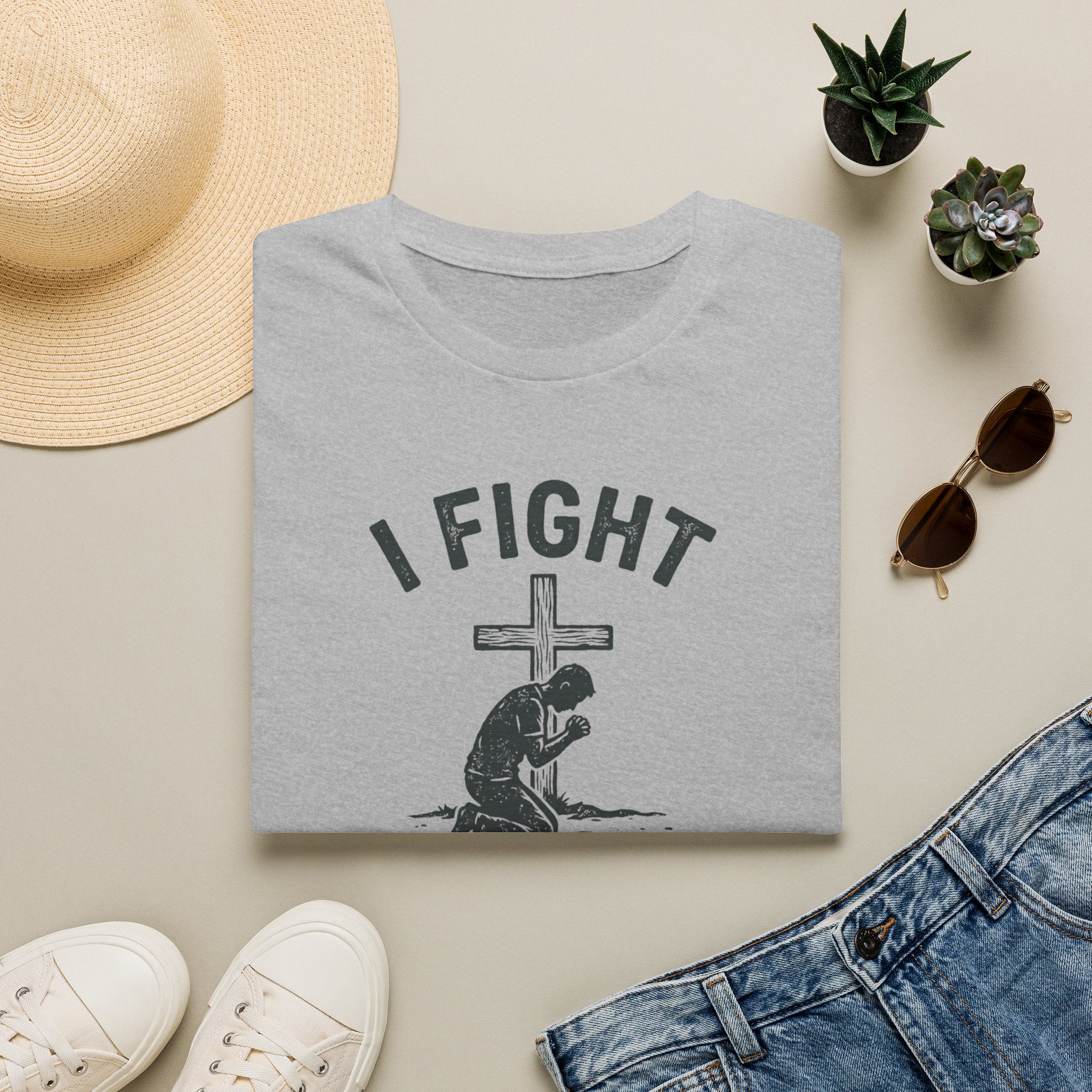 T-Shirt — "I Fight on My Knees" Prayer Graphic