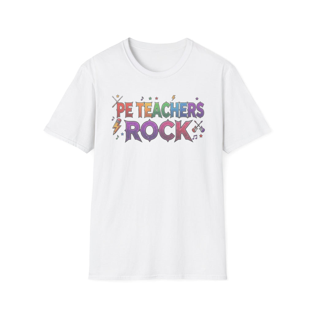 PE Teachers Rock T-Shirt — Colorful Retro Music Graphic Tee for Elementary & Special Ed Educators
