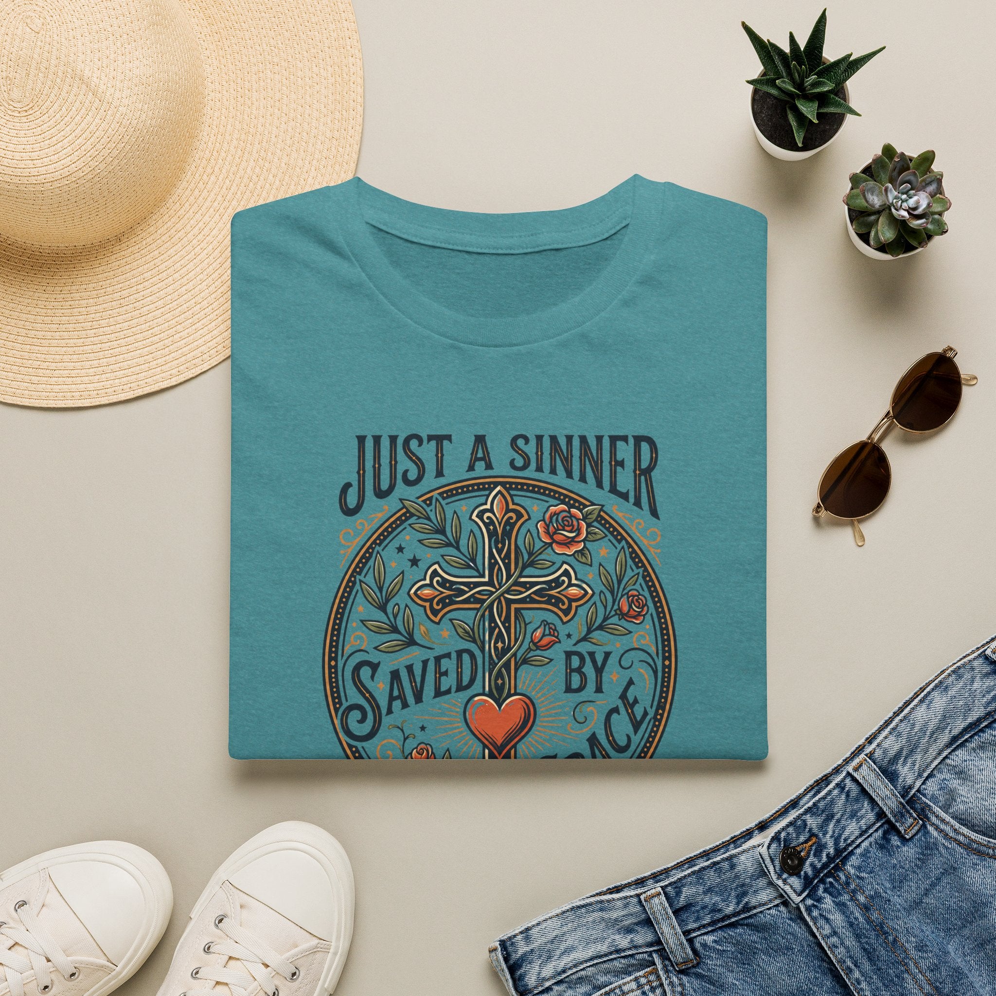 Christian Faith T-Shirt — "Just a Sinner, Saved by Grace" Cross Design