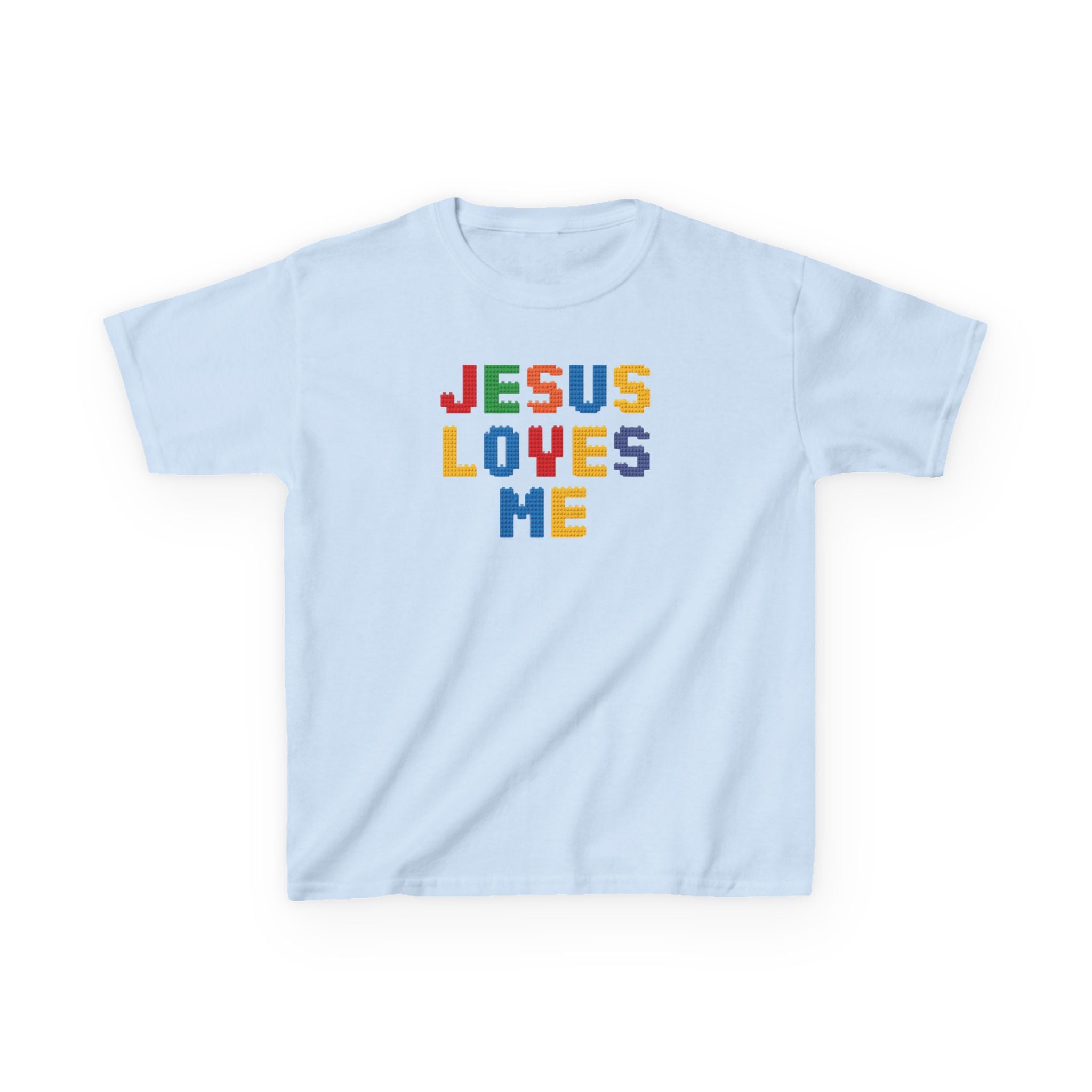 Kids T-Shirt — "Jesus Loves Me" Colorful Block Letter Tee