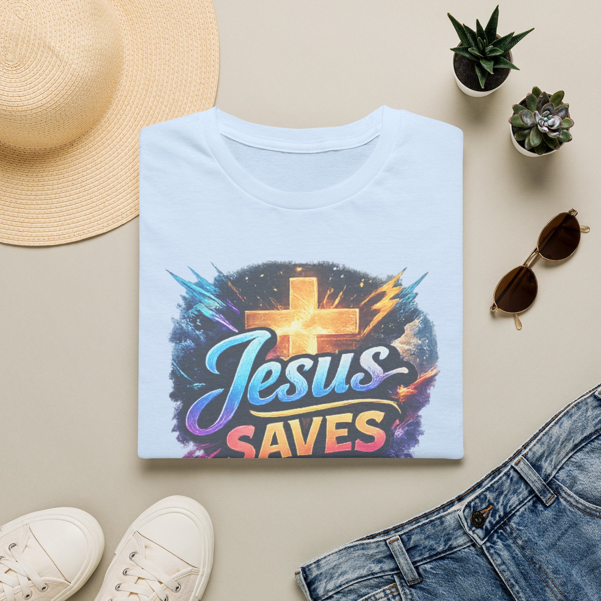Jesus Saves T-Shirt — Colorful Cross Christian Faith Tee