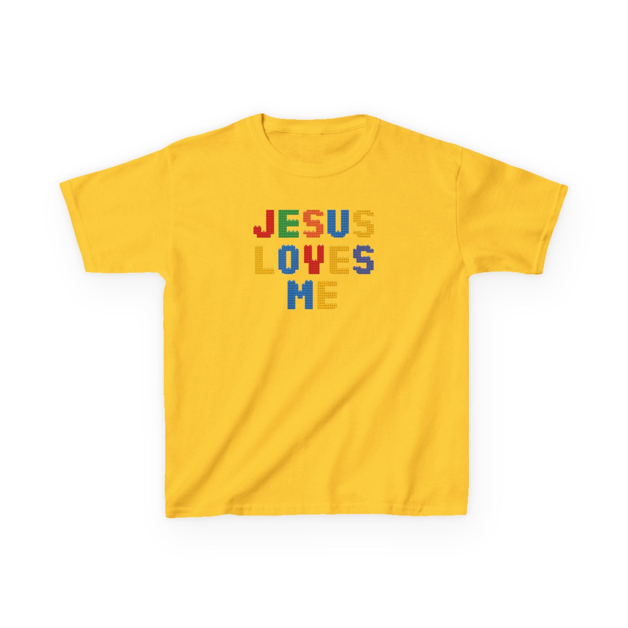 Kids T-Shirt — "Jesus Loves Me" Colorful Block Letter Tee