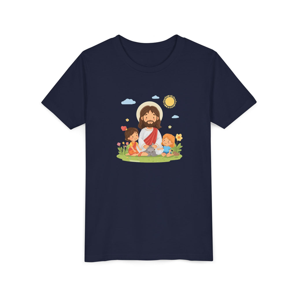 Youth Tee — Cute Jesus with Children Illustration Faith Shirt