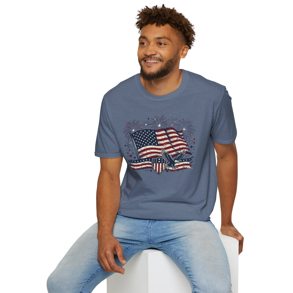 American Flag Eagle T-Shirt — Patriotic 4th of July Tee with Fireworks