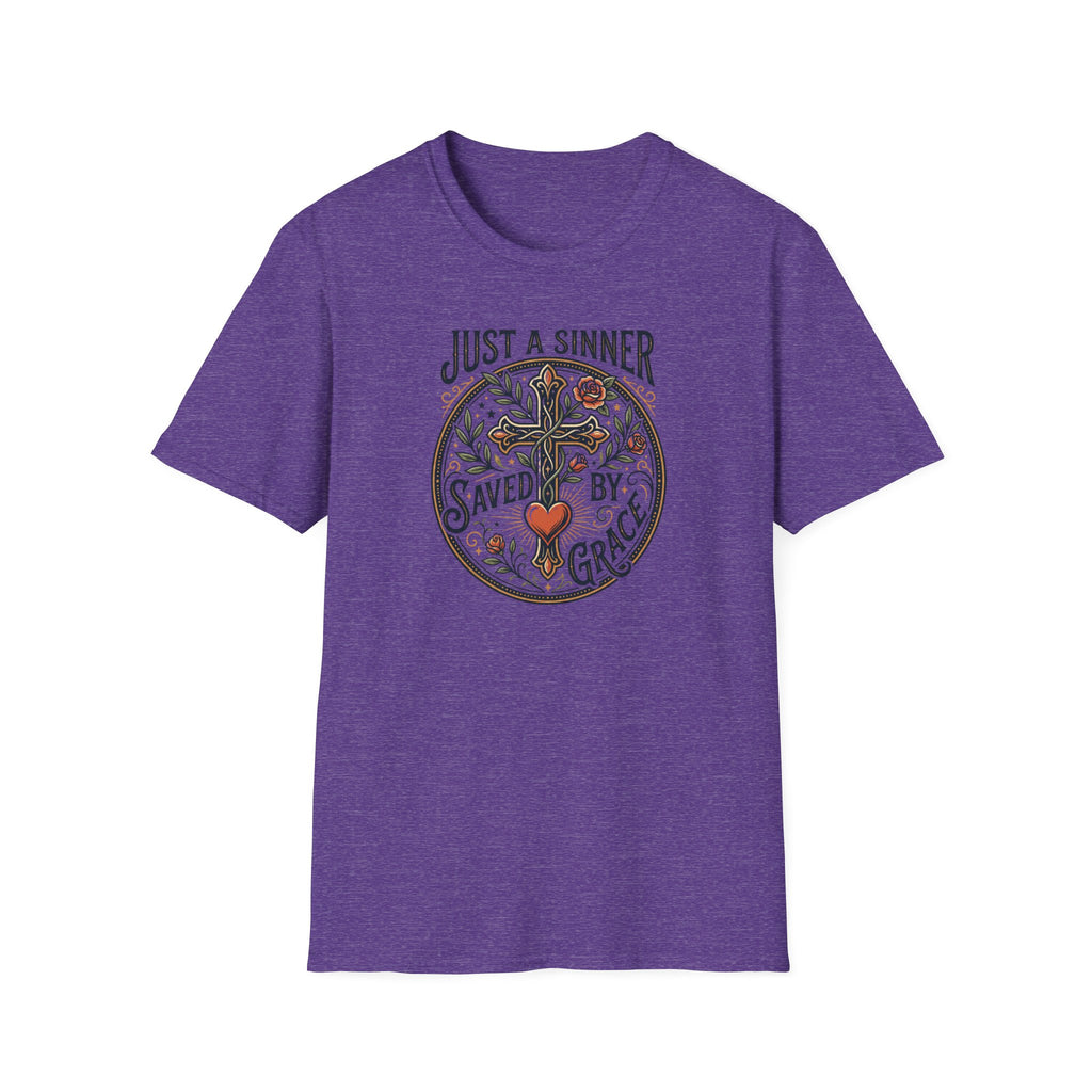 Christian Faith T-Shirt — "Just a Sinner, Saved by Grace" Cross Design