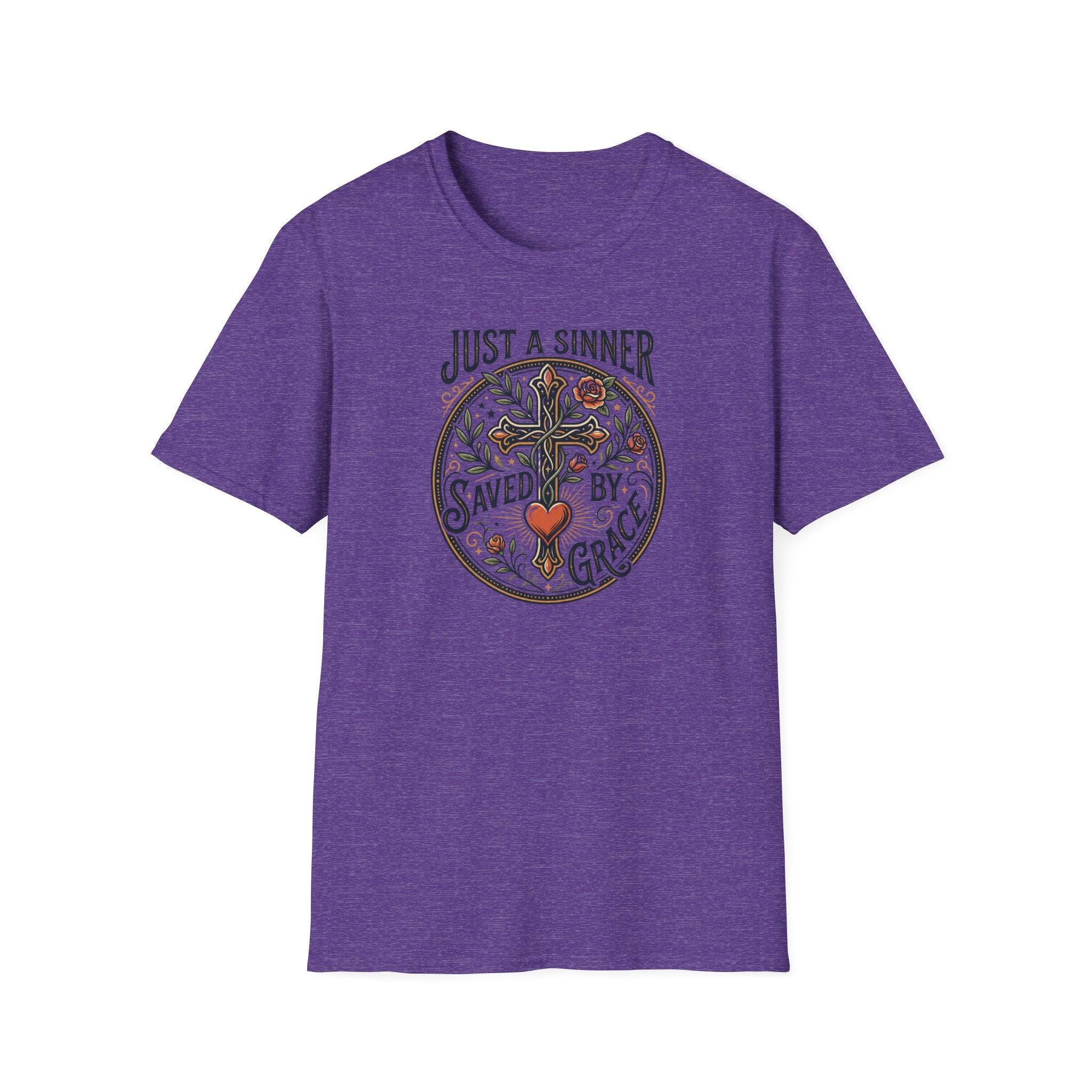 Christian Faith T-Shirt — "Just a Sinner, Saved by Grace" Cross Design